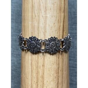 925 Sterling Silver Vintage Marcasite Bracelet Flower 24.64g 6.75” FLAW